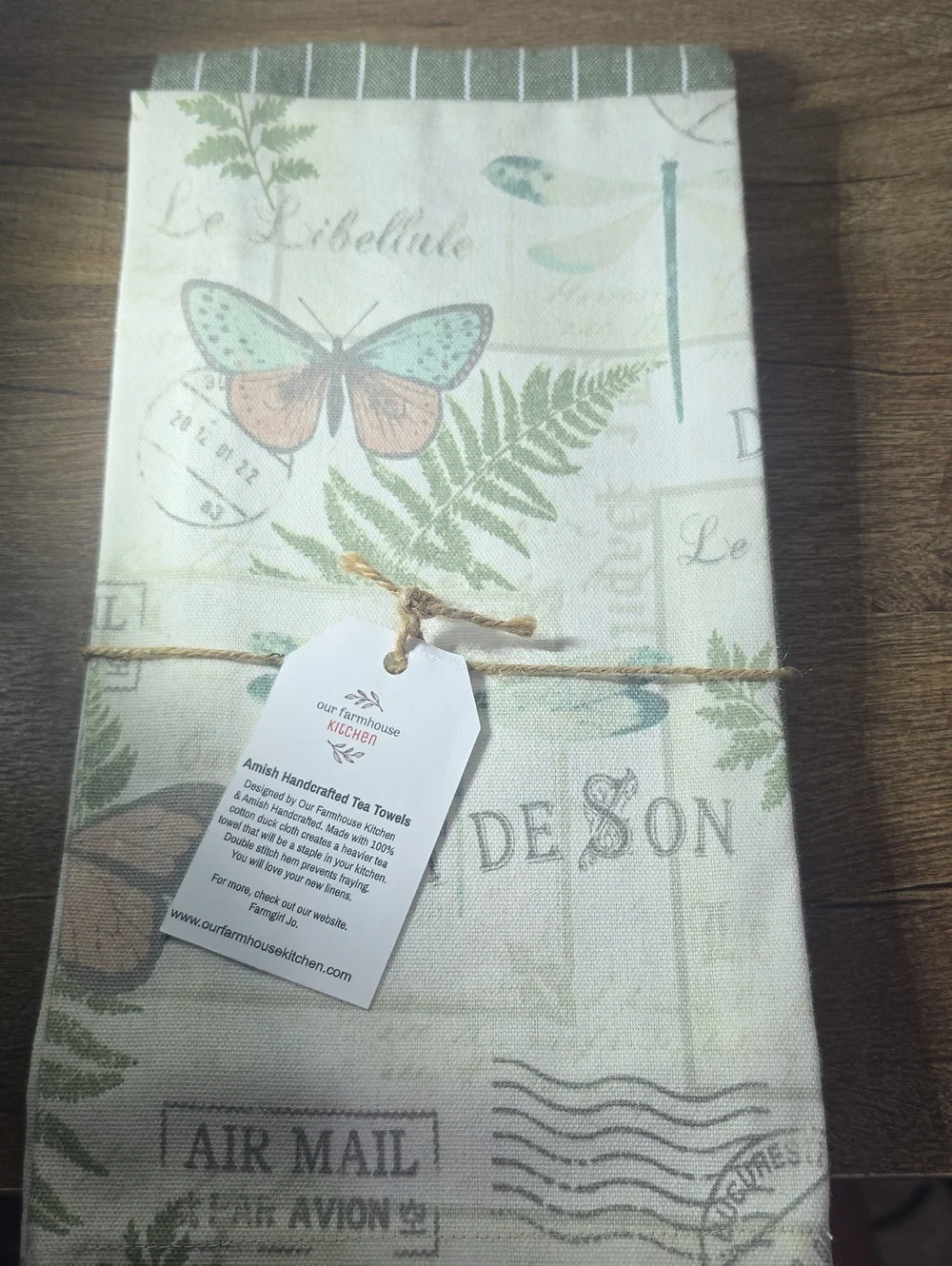Our Farmhouse Kitchen Botanical Butterfly Tea Towel - Cream, Green & Mint